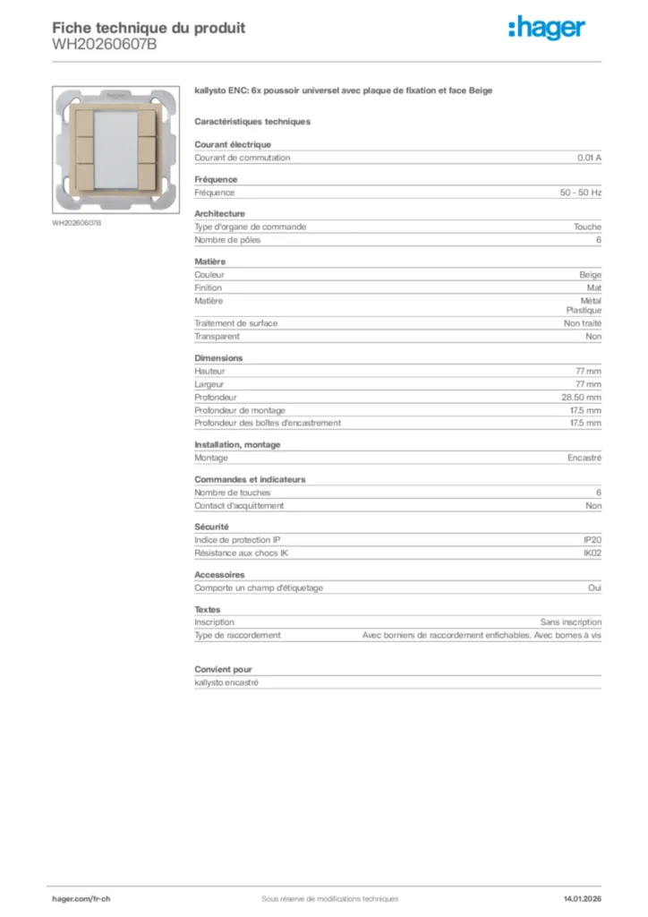 Image Hager Fiche technique du produit WH20260607B | Hager Suisse