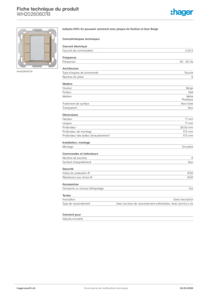 Image Hager Fiche technique du produit WH20260607B | Hager Suisse