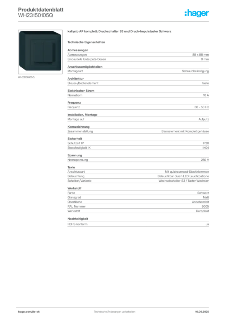 Bild Hager Produktdatenblatt WH23150105Q | Hager Schweiz