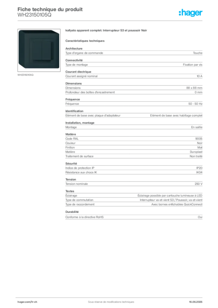 Image Hager Fiche technique du produit WH23150105Q | Hager Suisse