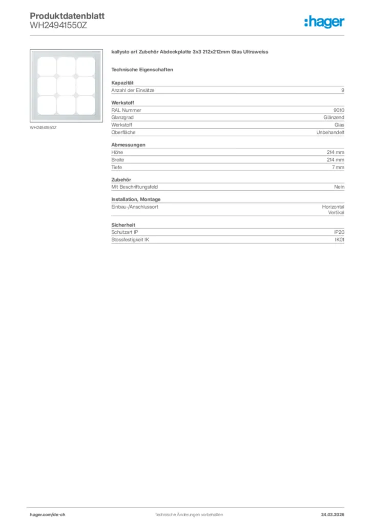 Bild Hager Produktdatenblatt WH24941550Z | Hager Schweiz