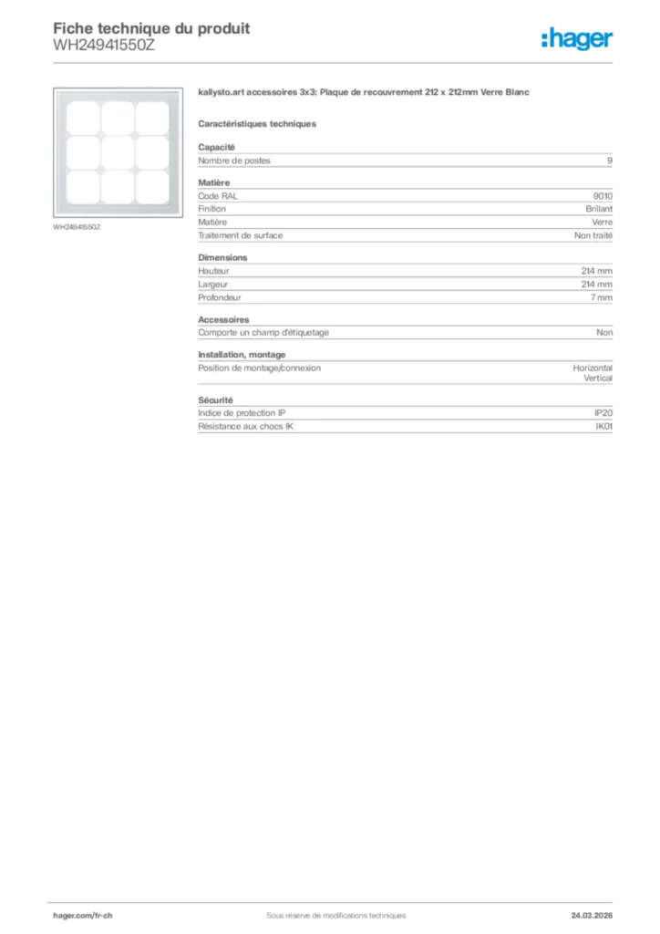 Image Hager Fiche technique du produit WH24941550Z | Hager Suisse