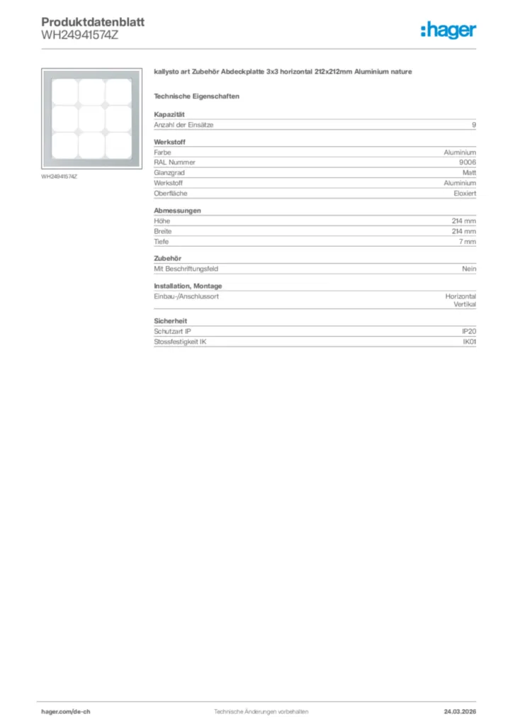 Bild Hager Produktdatenblatt WH24941574Z | Hager Schweiz