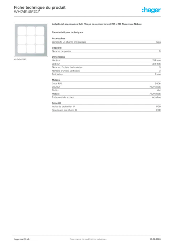 Image Hager Fiche technique du produit WH24941574Z | Hager Suisse