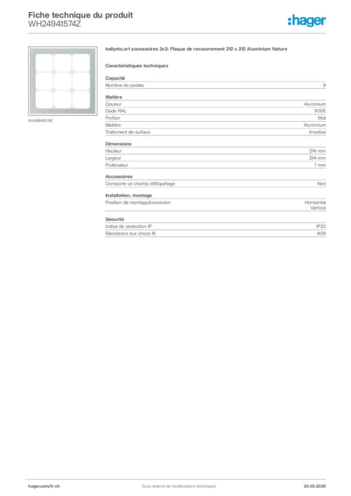 Image Hager Fiche technique du produit WH24941574Z | Hager Suisse
