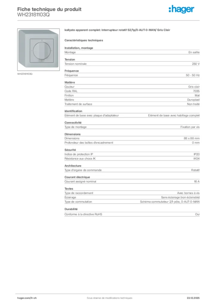 Image Hager Fiche technique du produit WH23181103Q | Hager Suisse
