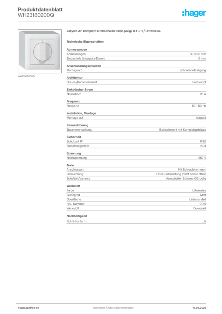 Bild Hager Produktdatenblatt WH23180200Q | Hager Schweiz