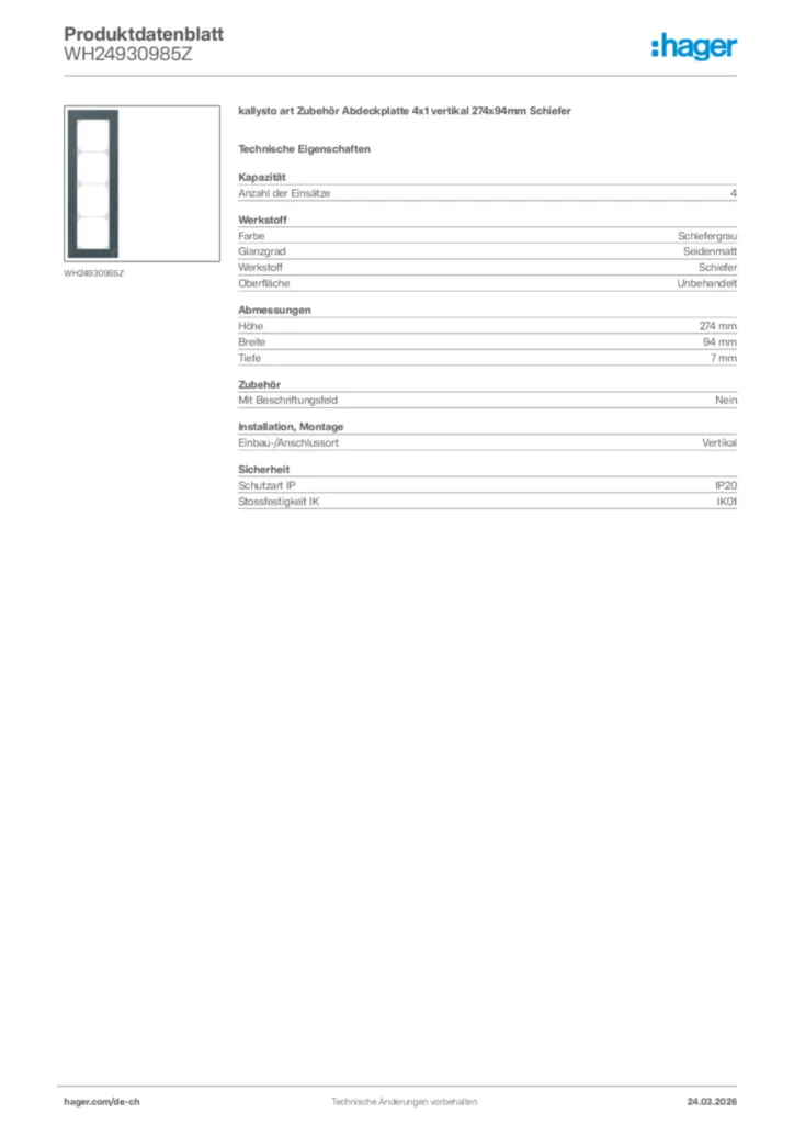 Bild Hager Produktdatenblatt WH24930985Z | Hager Schweiz