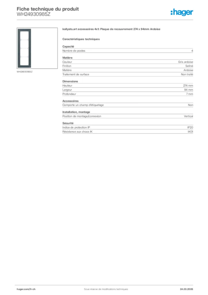 Image Hager Fiche technique du produit WH24930985Z | Hager Suisse