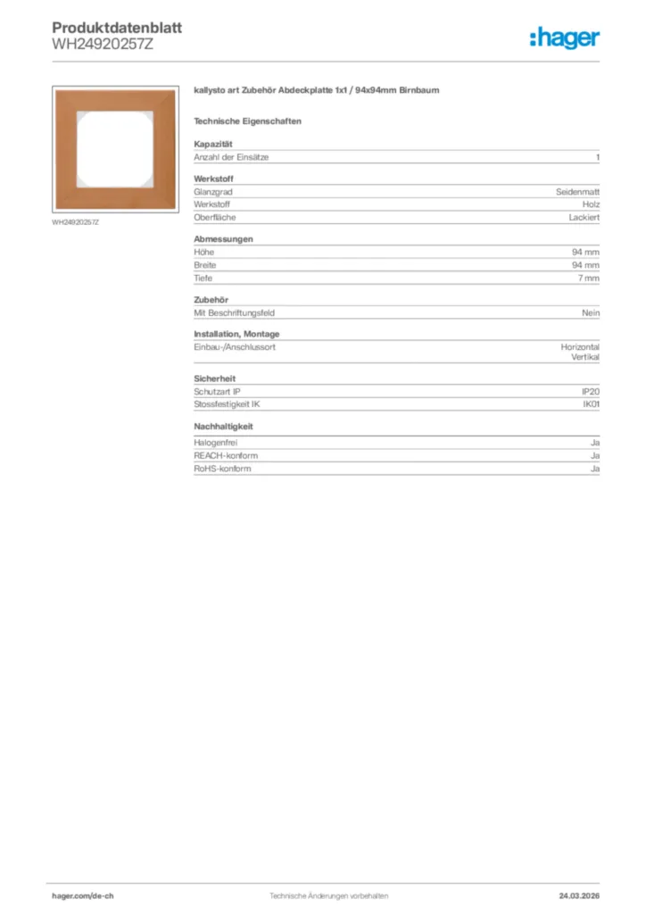 Bild Hager Produktdatenblatt WH24920257Z | Hager Schweiz