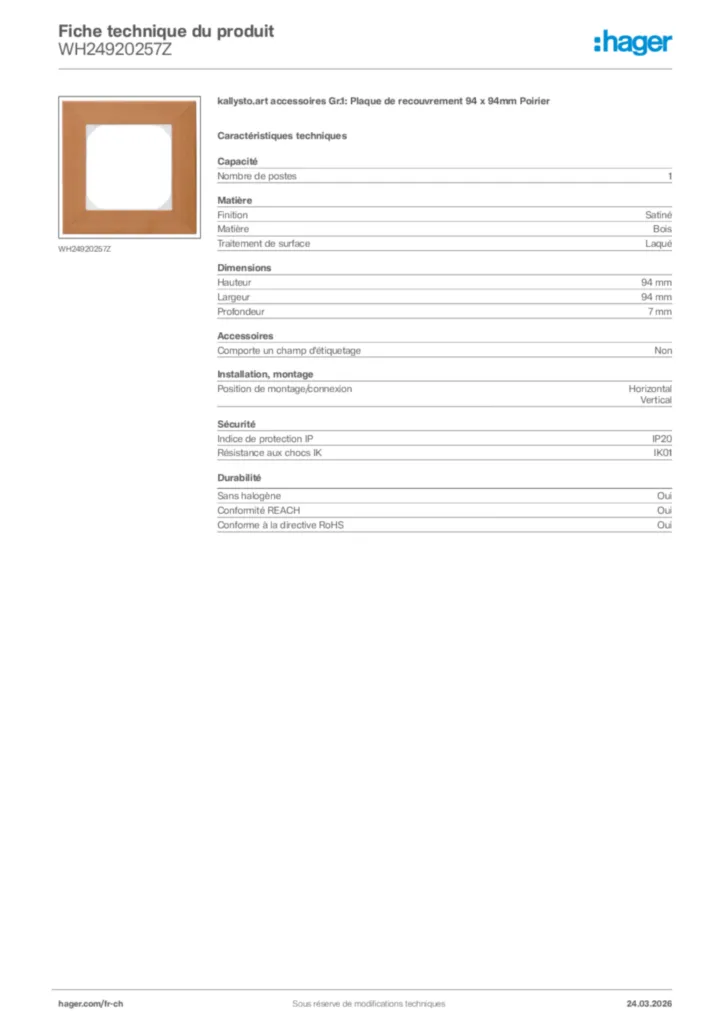 Image Hager Fiche technique du produit WH24920257Z | Hager Suisse