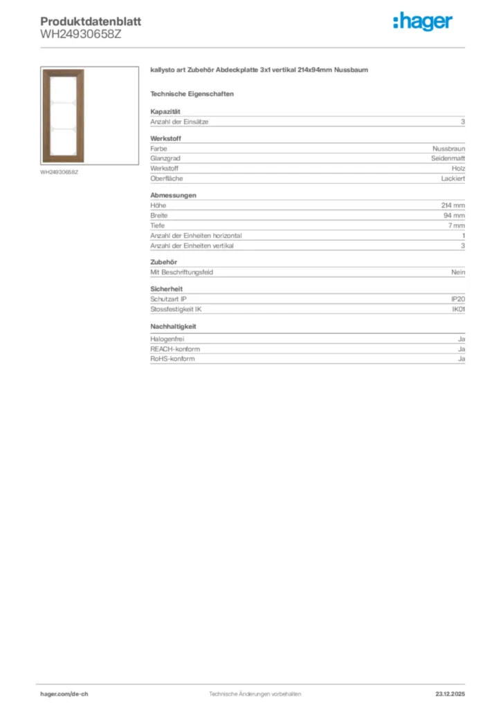 Bild Hager Produktdatenblatt WH24930658Z | Hager Schweiz