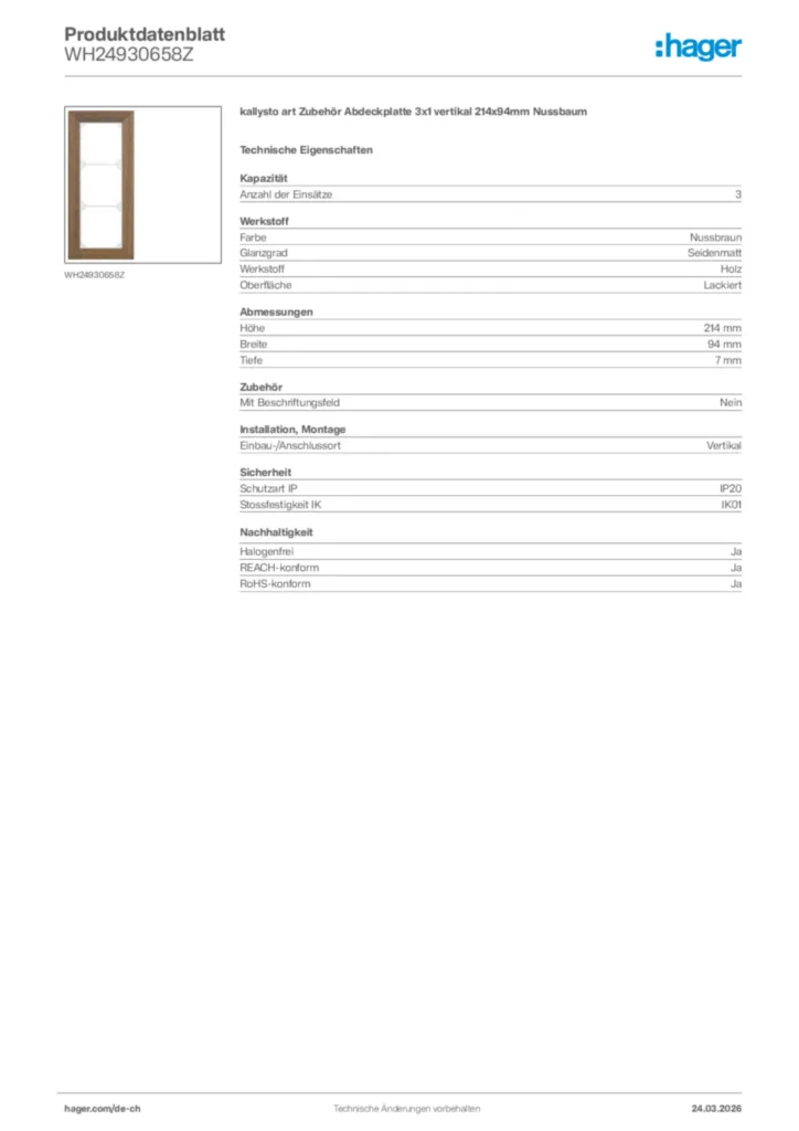 Bild Hager Produktdatenblatt WH24930658Z | Hager Schweiz