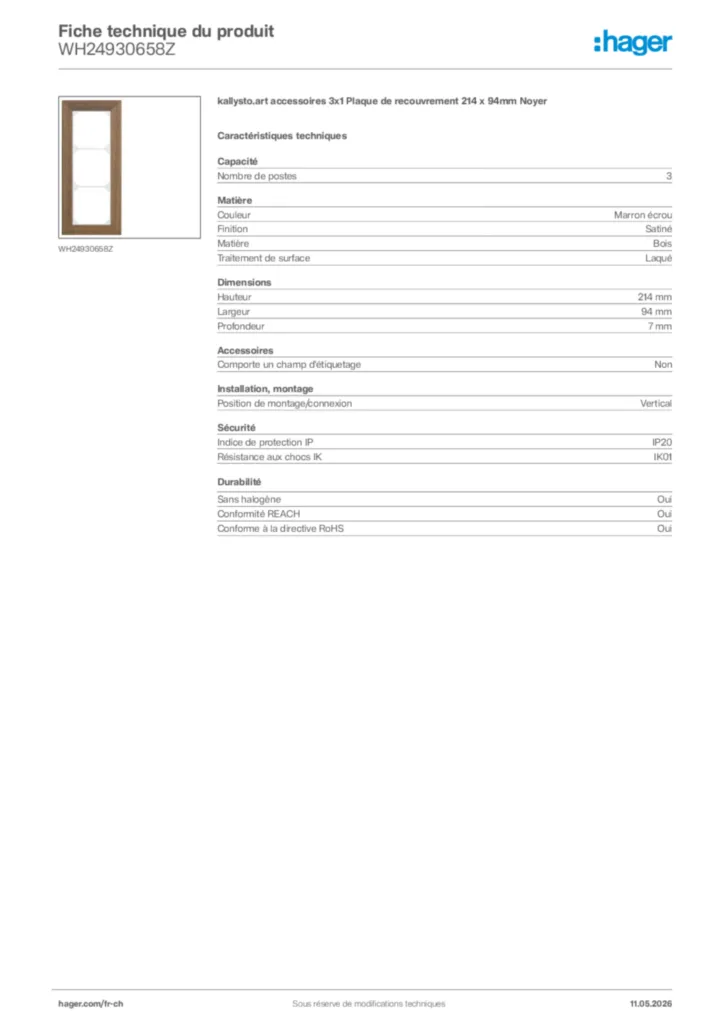 Image Hager Fiche technique du produit WH24930658Z | Hager Suisse