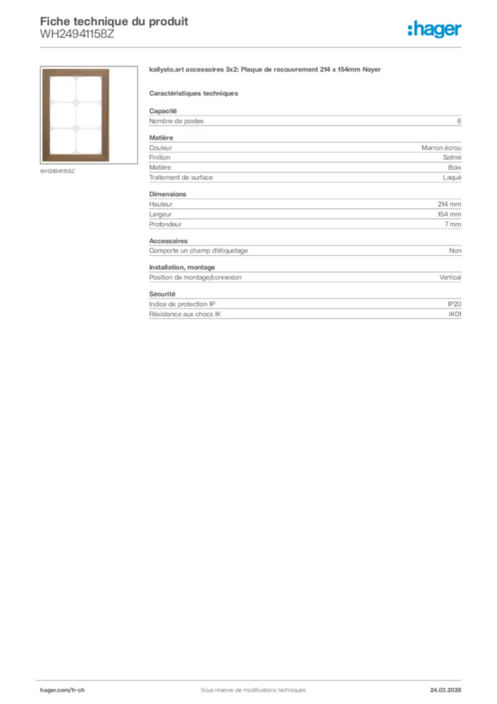 Image Hager Fiche technique du produit WH24941158Z | Hager Suisse