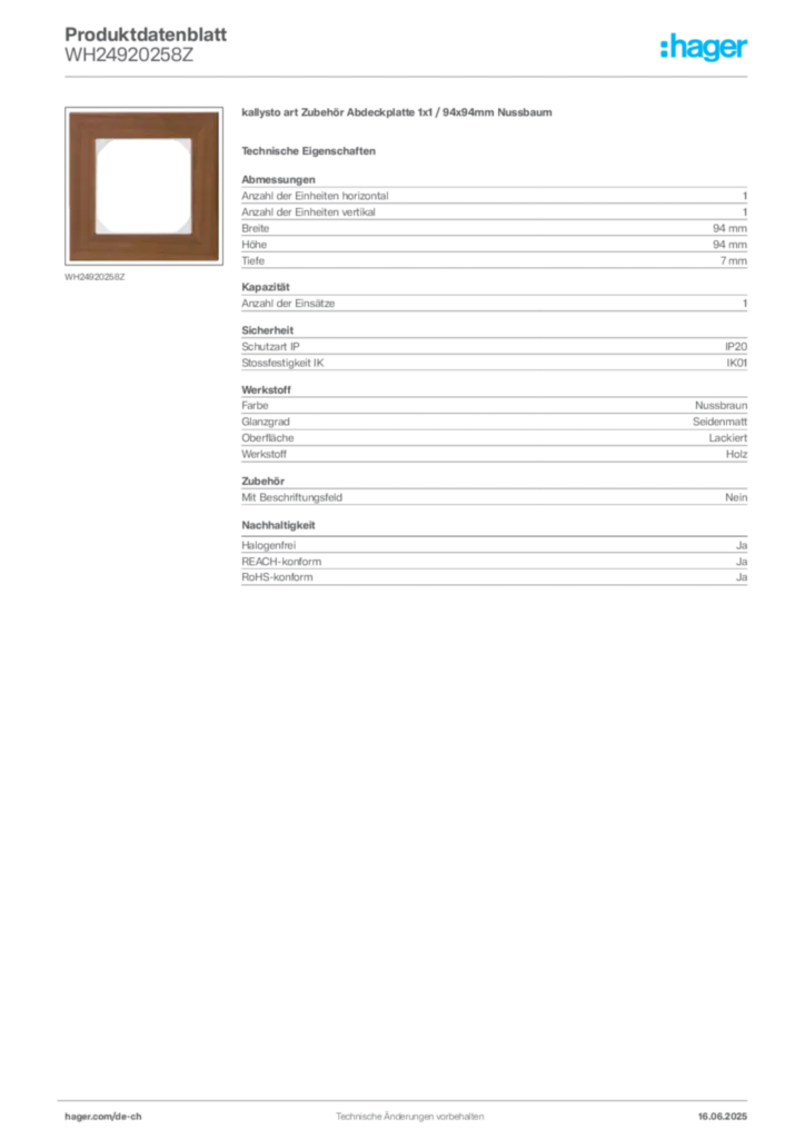 Bild Hager Produktdatenblatt WH24920258Z | Hager Schweiz