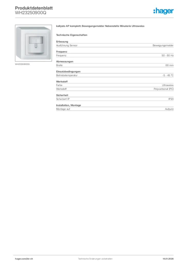 Bild Hager Produktdatenblatt WH23250900Q | Hager Schweiz