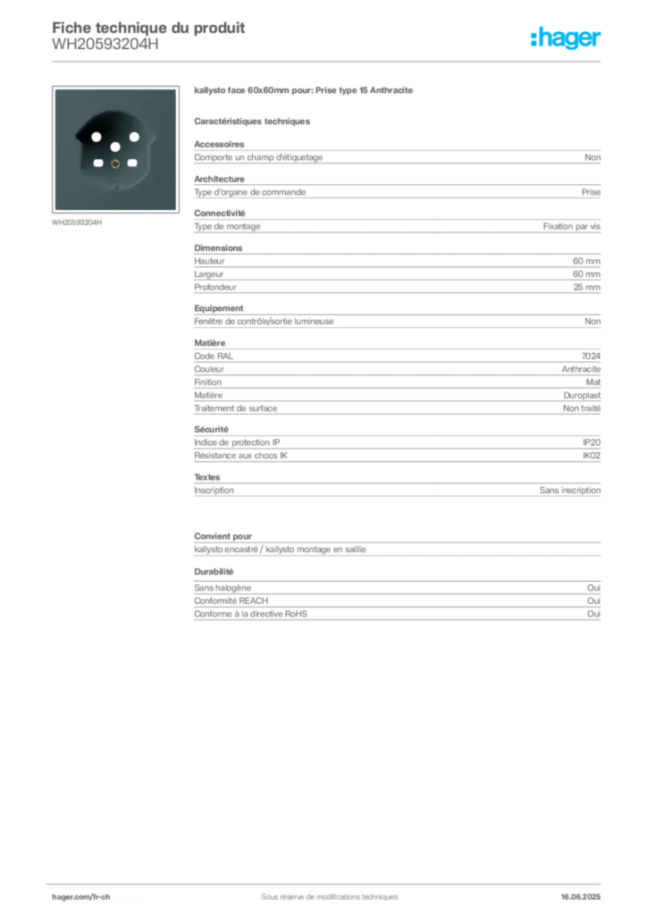 Image Hager Fiche technique du produit WH20593204H | Hager Suisse