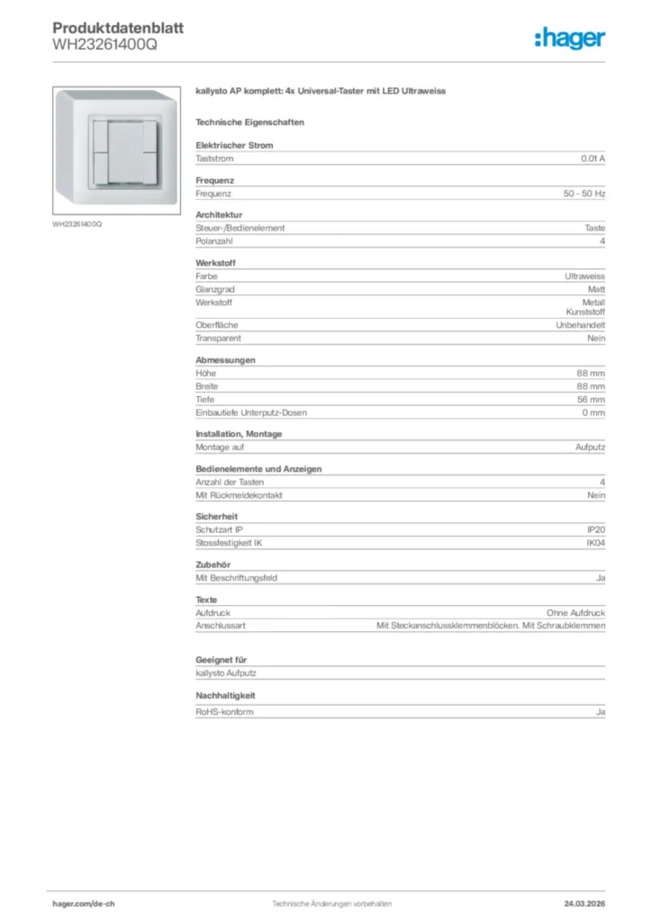 Bild Hager Produktdatenblatt WH23261400Q | Hager Schweiz