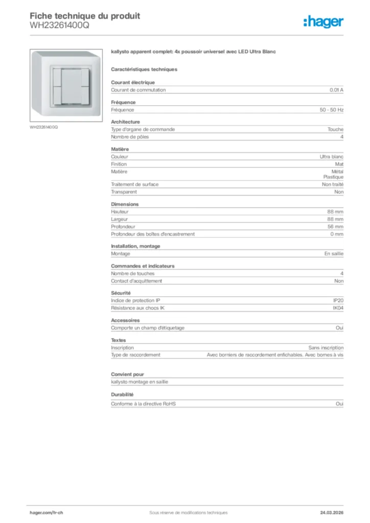 Image Hager Fiche technique du produit WH23261400Q | Hager Suisse