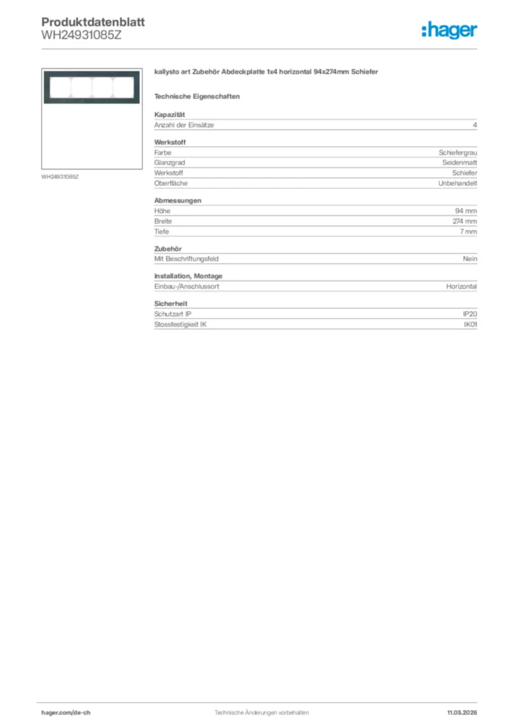 Bild Hager Produktdatenblatt WH24931085Z | Hager Schweiz