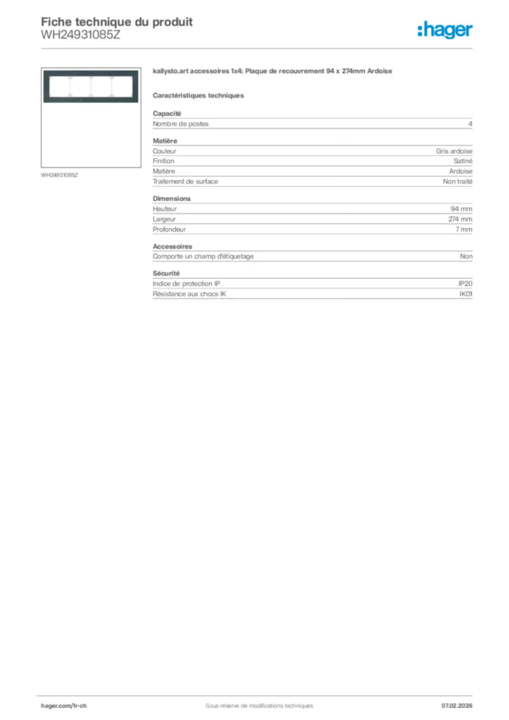 Image Hager Fiche technique du produit WH24931085Z | Hager Suisse