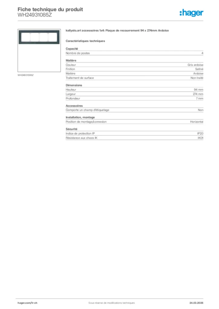 Image Hager Fiche technique du produit WH24931085Z | Hager Suisse