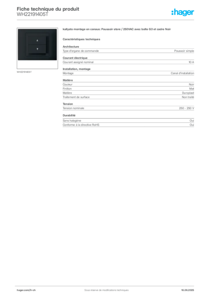 Image Hager Fiche technique du produit WH22191405T | Hager Suisse