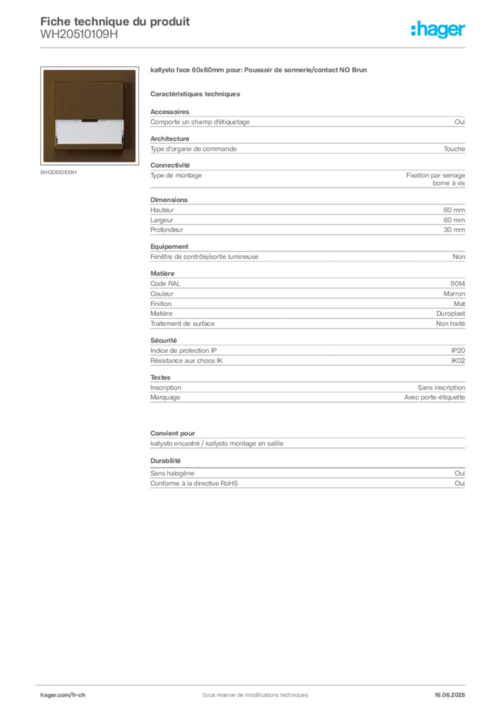 Image Hager Fiche technique du produit WH20510109H | Hager Suisse