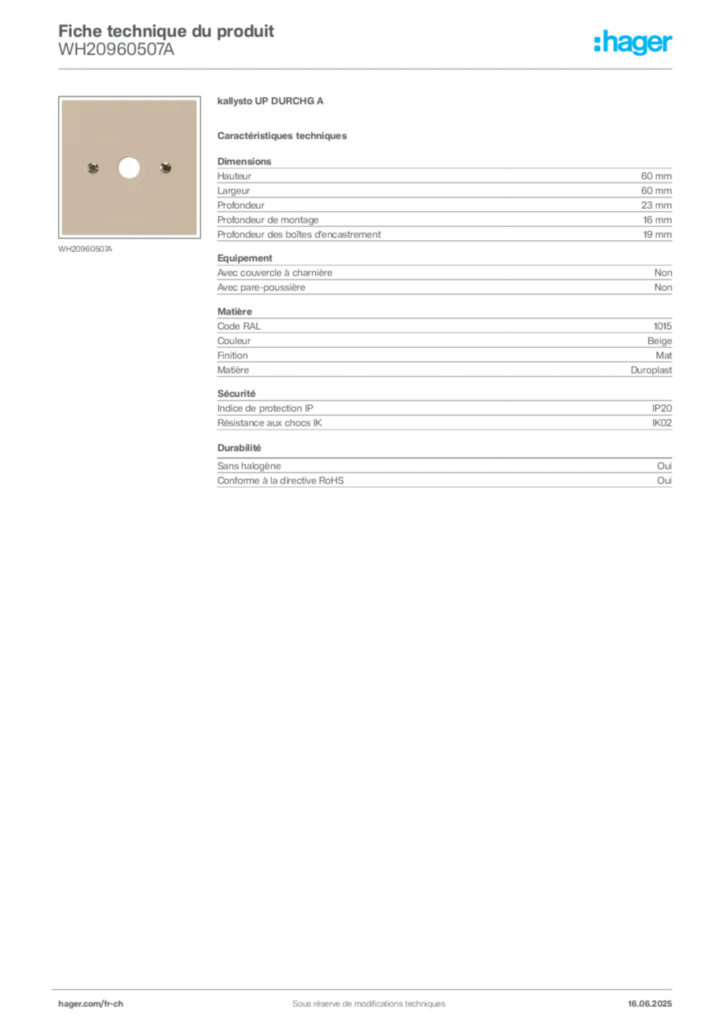 Image Hager Fiche technique du produit WH20960507A | Hager Suisse