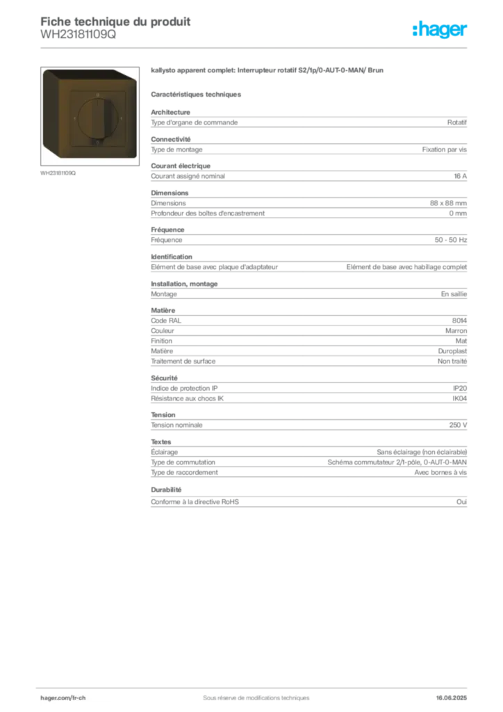 Image Hager Fiche technique du produit WH23181109Q | Hager Suisse