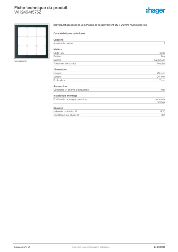 Image Hager Fiche technique du produit WH24941575Z | Hager Suisse