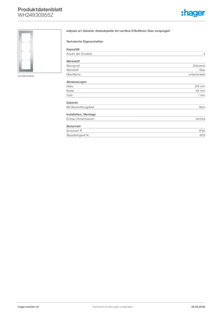 Bild Hager Produktdatenblatt WH24930955Z | Hager Schweiz