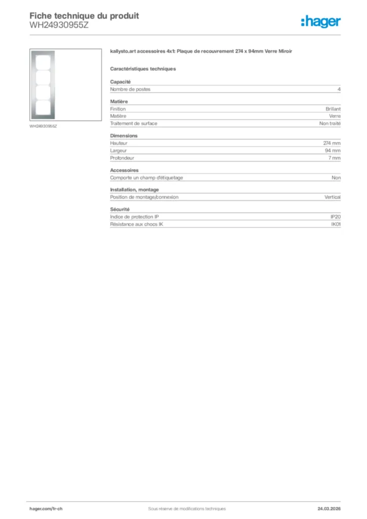 Image Hager Fiche technique du produit WH24930955Z | Hager Suisse