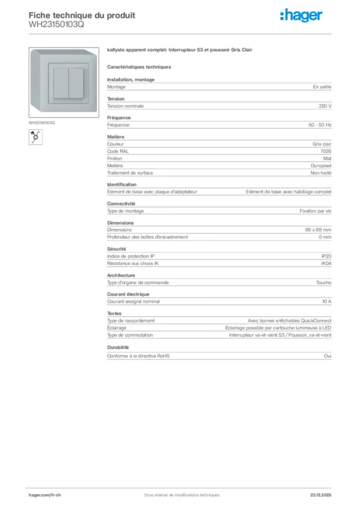 Image Hager Fiche technique du produit WH23150103Q | Hager Suisse