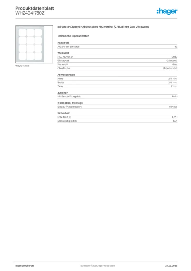 Bild Hager Produktdatenblatt WH24941750Z | Hager Schweiz