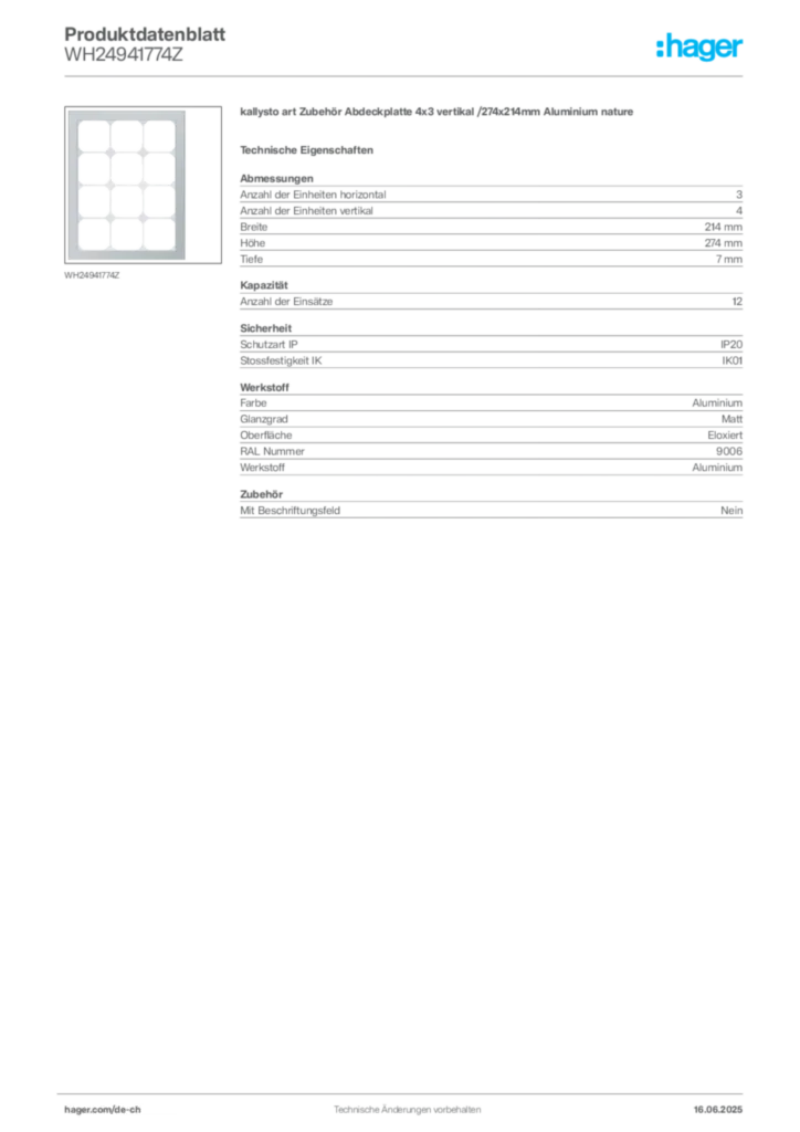 Bild Hager Produktdatenblatt WH24941774Z | Hager Schweiz