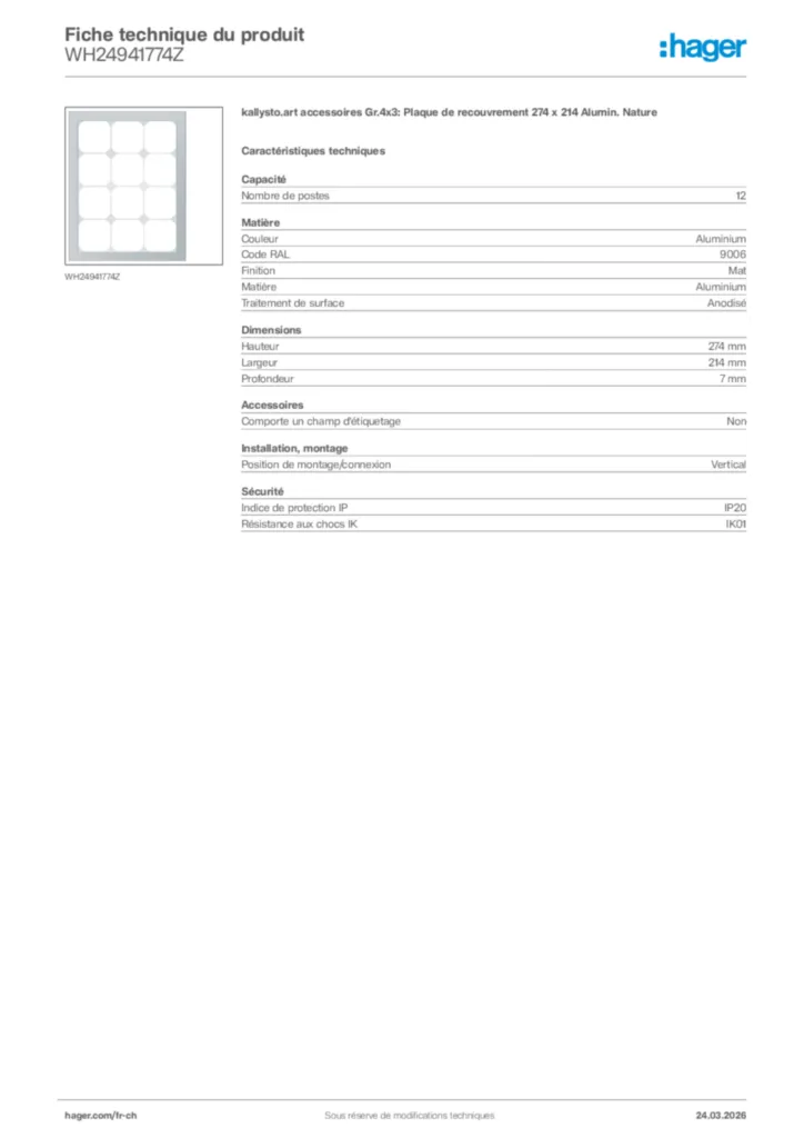 Image Hager Fiche technique du produit WH24941774Z | Hager Suisse