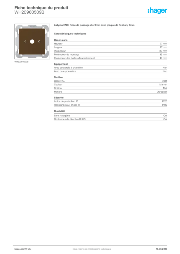 Image Hager Fiche technique du produit WH20960509B | Hager Suisse