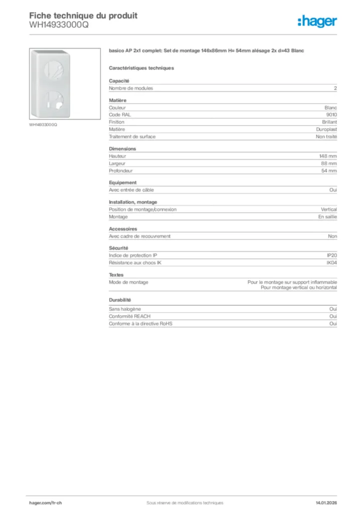 Image Hager Fiche technique du produit WH14933000Q | Hager Suisse