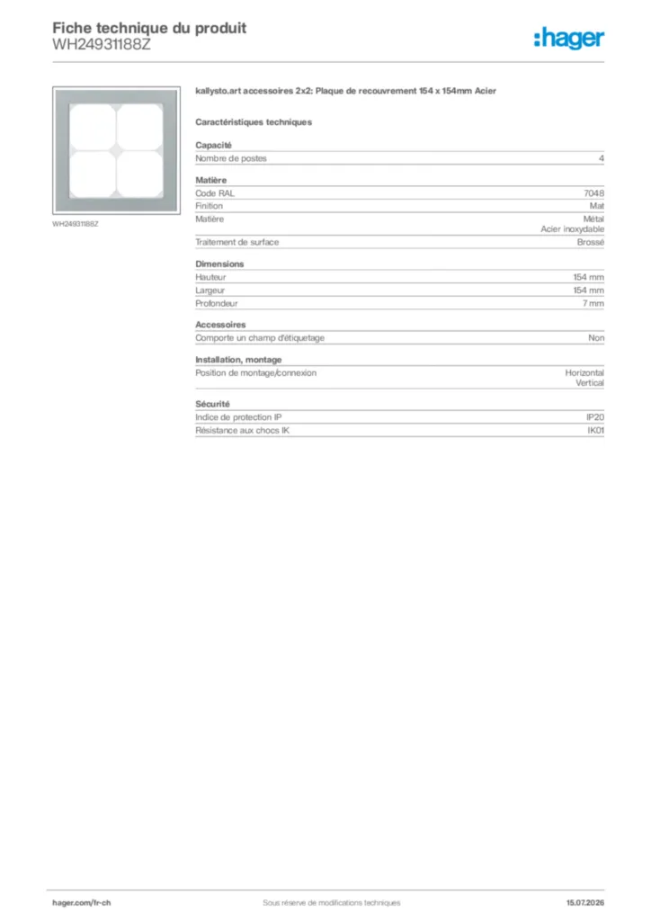 Image Hager Fiche technique du produit WH24931188Z | Hager Suisse