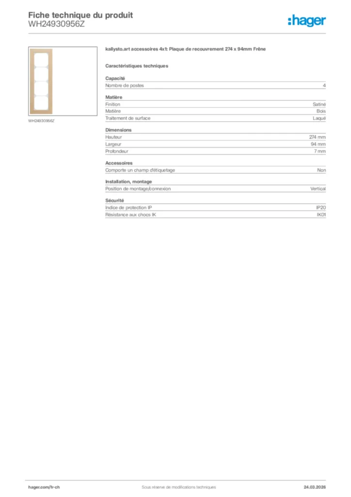 Image Hager Fiche technique du produit WH24930956Z | Hager Suisse