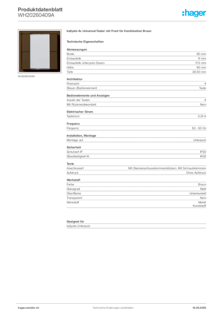 Bild Hager Produktdatenblatt WH20260409A | Hager Schweiz