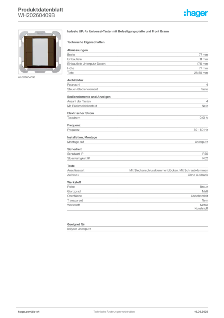 Bild Hager Produktdatenblatt WH20260409B | Hager Schweiz