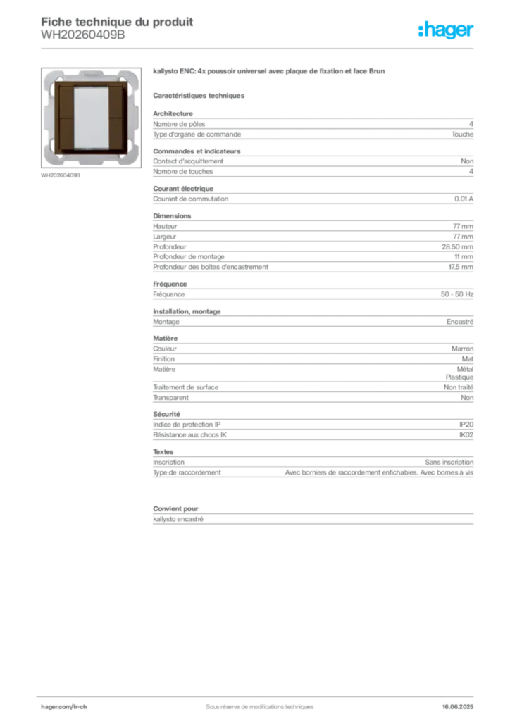 Image Hager Fiche technique du produit WH20260409B | Hager Suisse