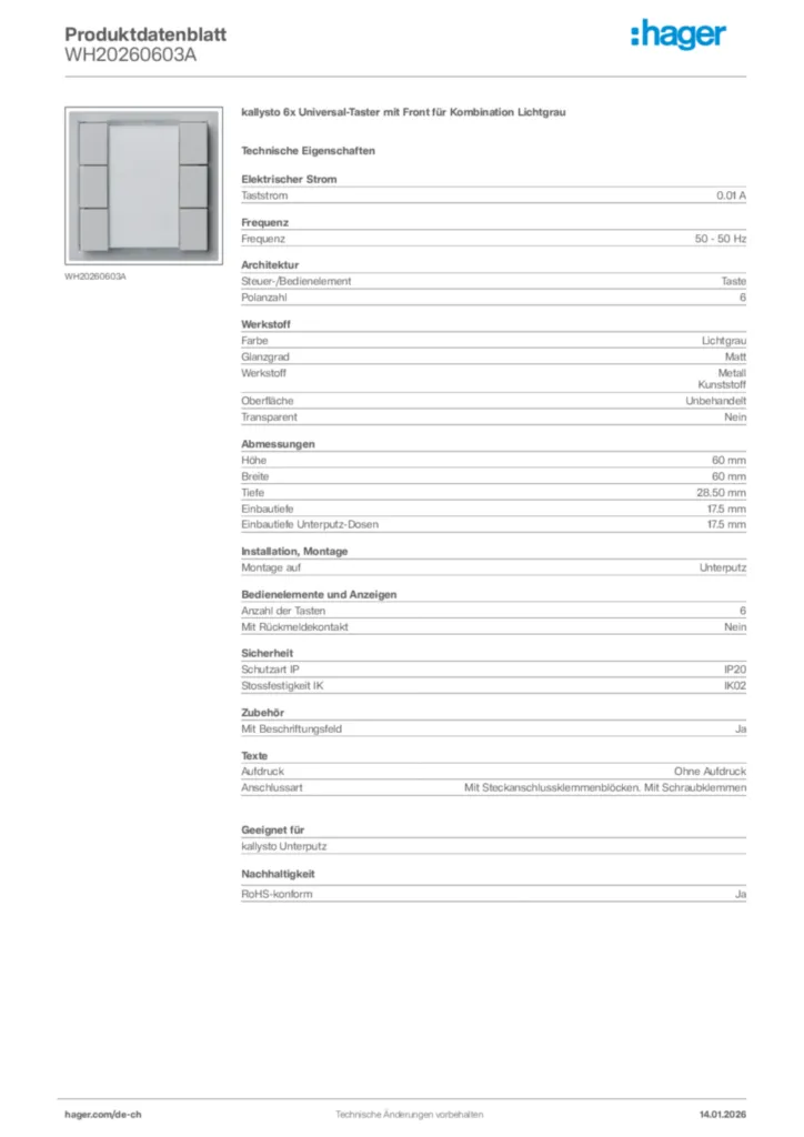 Bild Hager Produktdatenblatt WH20260603A | Hager Schweiz