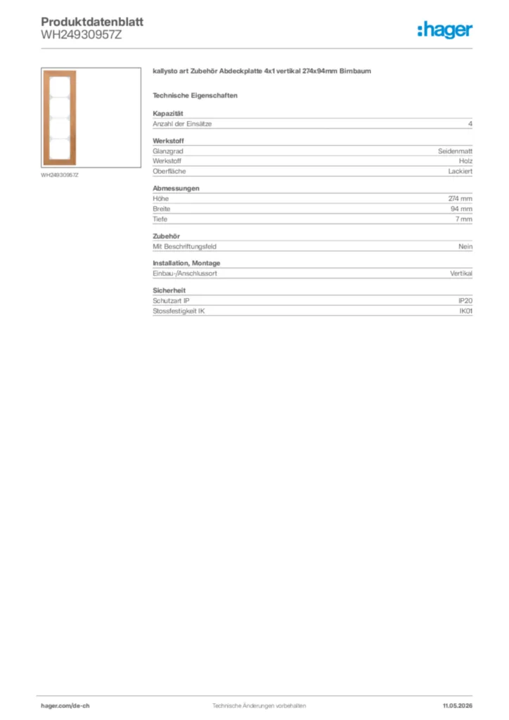 Bild Hager Produktdatenblatt WH24930957Z | Hager Schweiz
