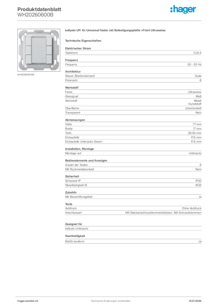 Bild Hager Produktdatenblatt WH20260600B | Hager Schweiz