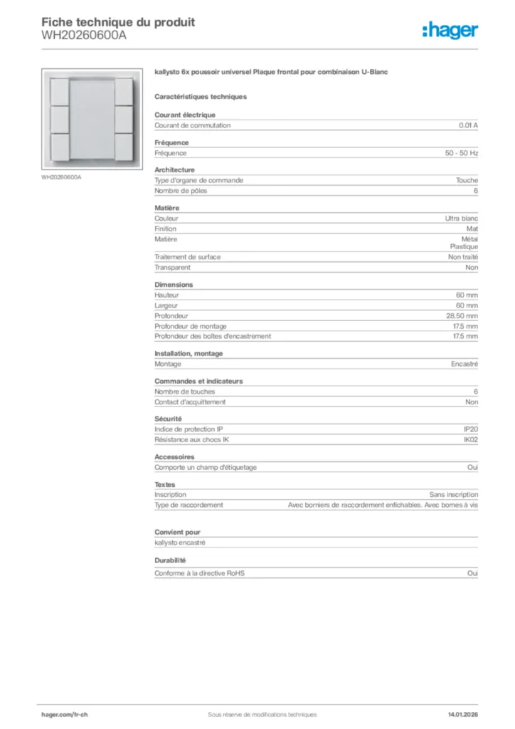 Image Hager Fiche technique du produit WH20260600A | Hager Suisse