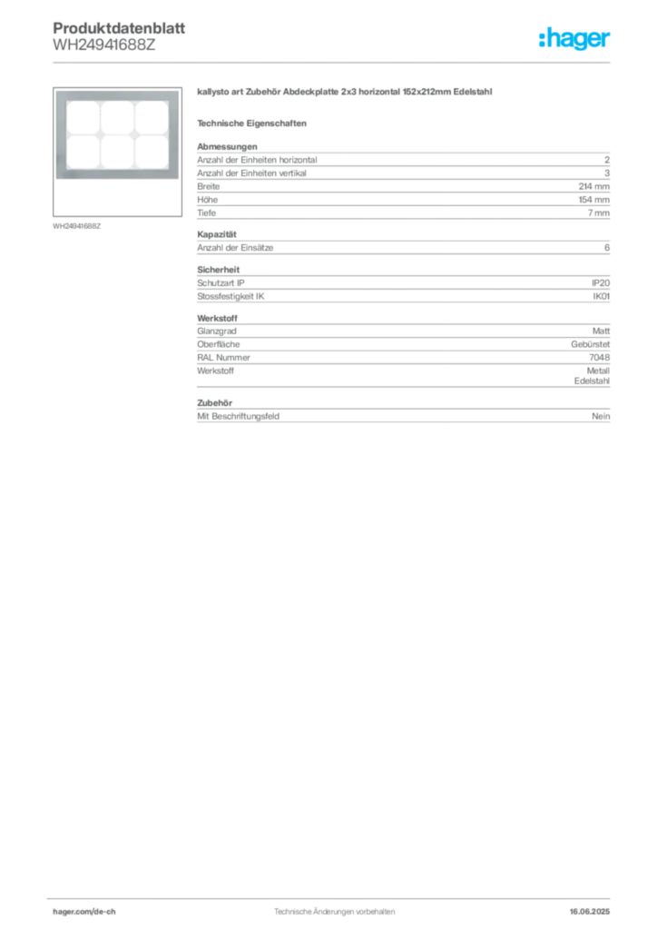 Bild Hager Produktdatenblatt WH24941688Z | Hager Schweiz